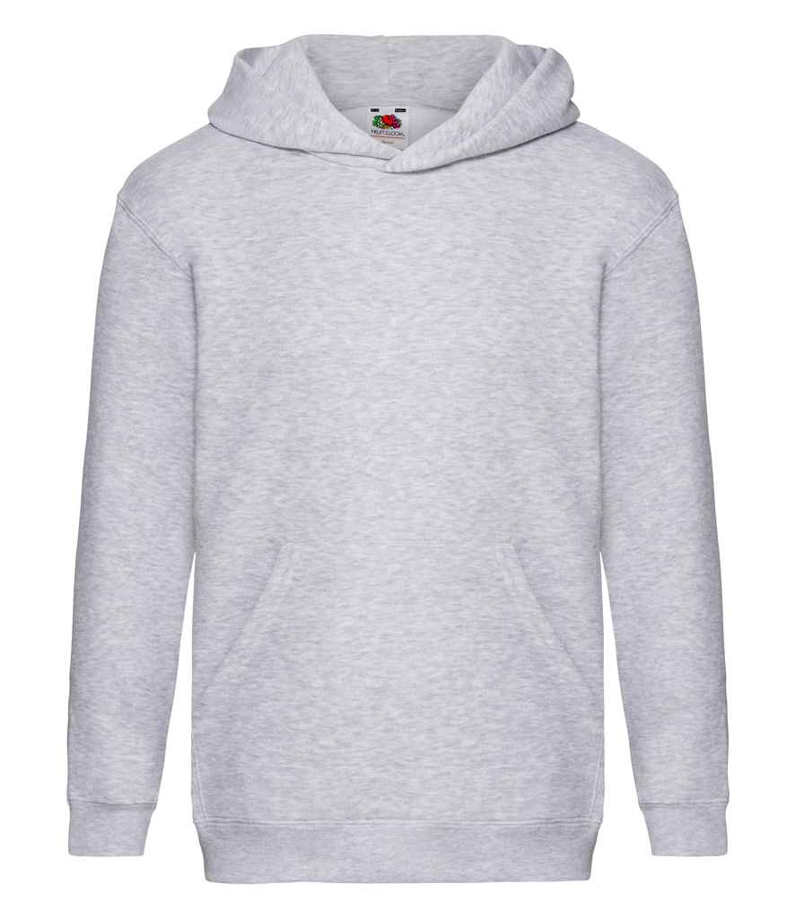 Fruit of the Loom Kids Premium Hooded Sweatshirt in Heather Grey by Fruit of the Loom — Custom branded clothing by Print Press, featuring premium embroidery produced in our specialist print lab in the UK.