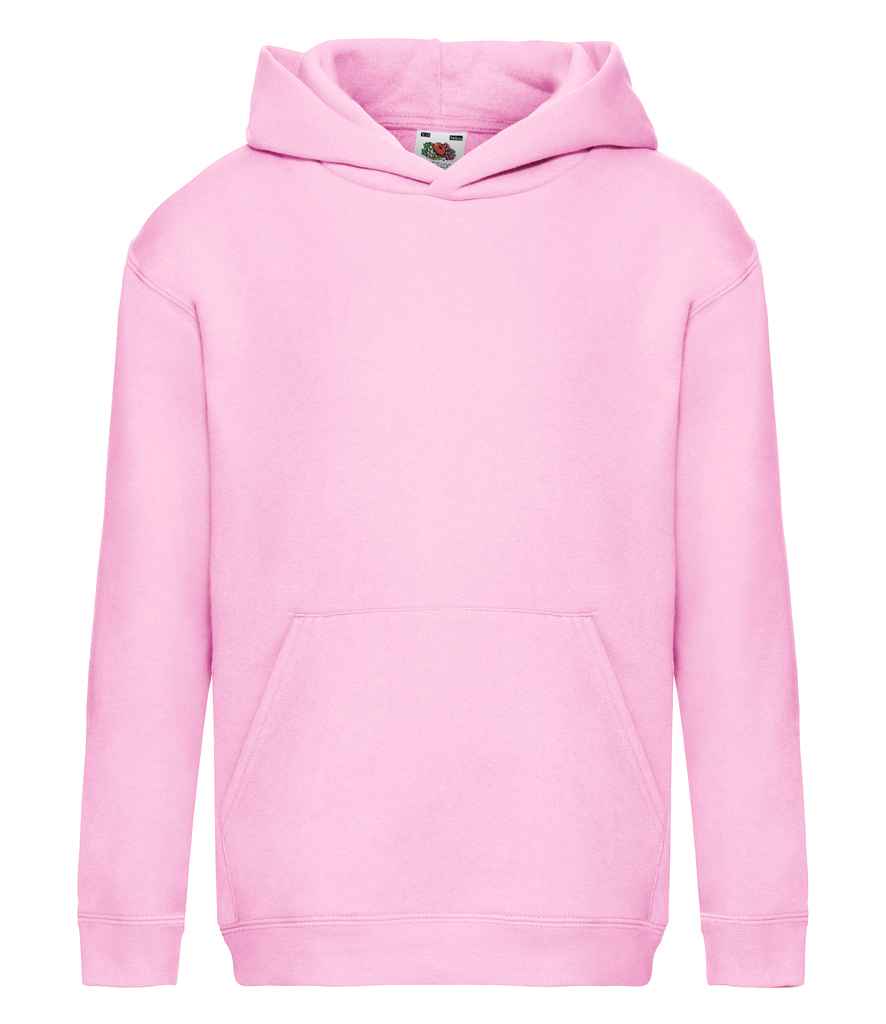 Fruit of the Loom Kids Premium Hooded Sweatshirt in Light Pink by Fruit of the Loom — Custom branded clothing by Print Press, featuring premium embroidery produced in our specialist print lab in the UK.