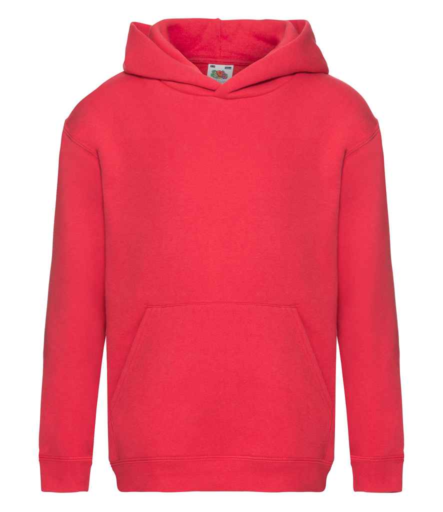 Fruit of the Loom Kids Premium Hooded Sweatshirt in Red by Fruit of the Loom — Custom branded clothing by Print Press, featuring premium embroidery produced in our specialist print lab in the UK.