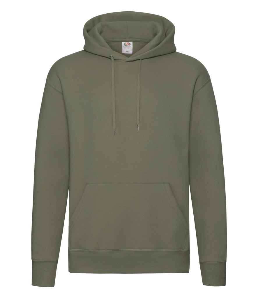 Fruit of the Loom Premium Hooded Sweatshirt in Classic Olive by Fruit of the Loom — Custom branded clothing by Print Press, featuring premium embroidery produced in our specialist print lab in the UK.