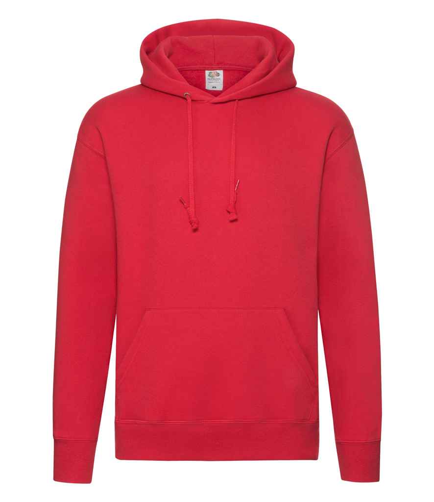 Fruit of the Loom Premium Hooded Sweatshirt in Red by Fruit of the Loom — Custom branded clothing by Print Press, featuring premium embroidery produced in our specialist print lab in the UK.