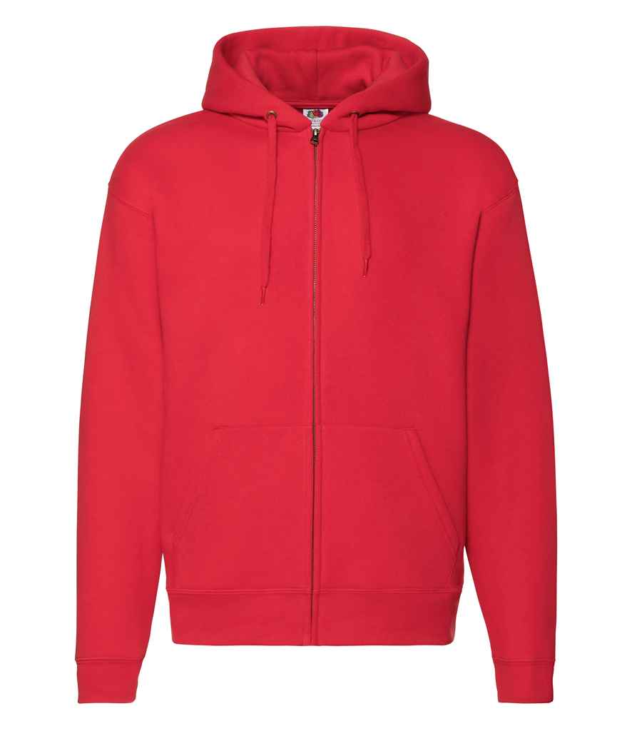 Fruit of the Loom Premium Zip Hooded Sweatshirt in Red by Fruit of the Loom — Custom branded clothing by Print Press, featuring premium embroidery produced in our specialist print lab in the UK.