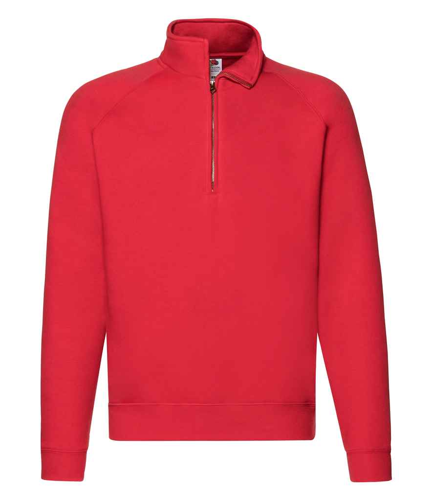 Fruit of the Loom Premium Zip Neck Sweatshirt in Red by Fruit of the Loom — Custom branded clothing by Print Press, featuring premium embroidery produced in our specialist print lab in the UK.