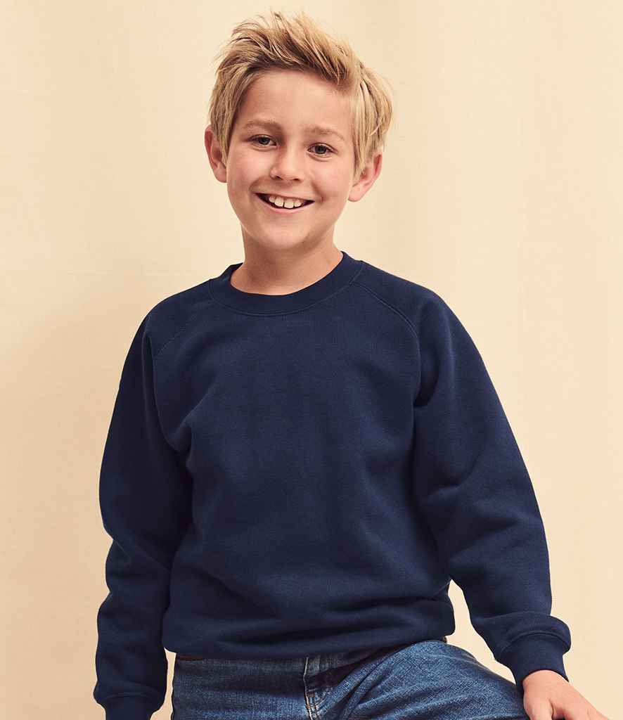 Fruit of the Loom Kids Premium Raglan Sweatshirt in Navy by Fruit of the Loom — Custom branded clothing by Print Press, featuring premium embroidery produced in our specialist print lab in the UK.