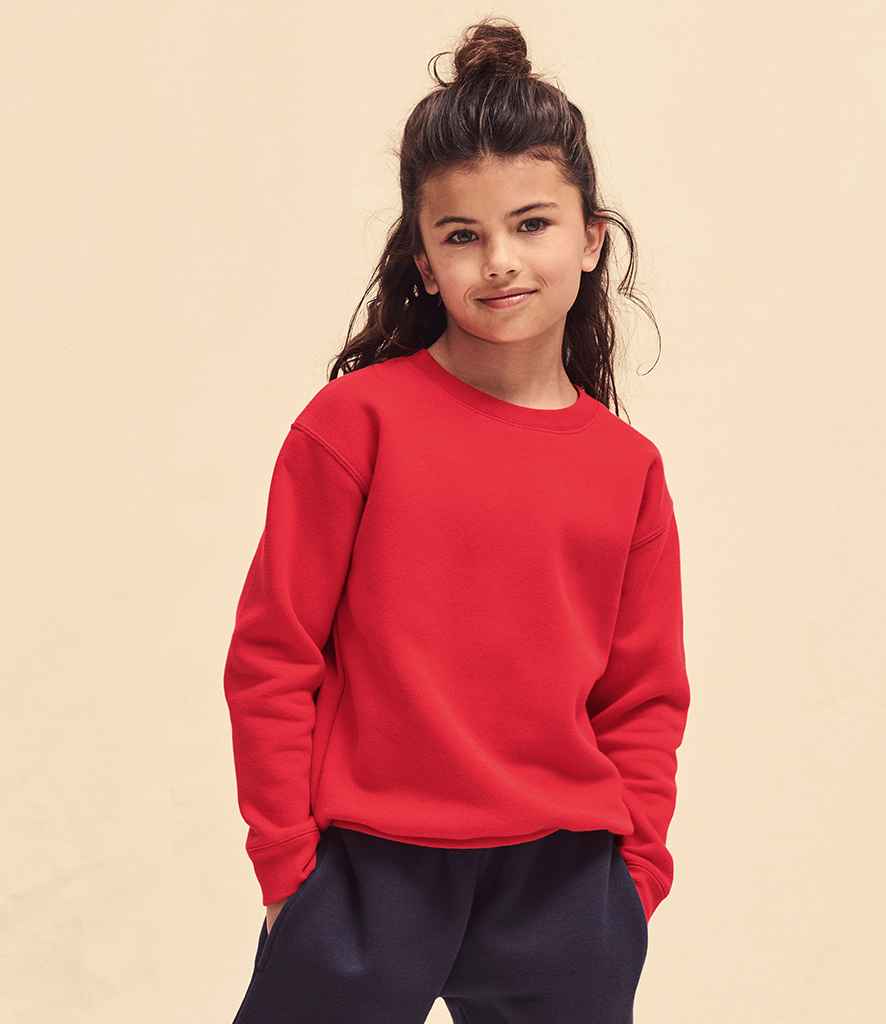 Fruit of the Loom Kids Premium Drop Shoulder Sweatshirt in Red by Fruit of the Loom — Custom branded clothing by Print Press, featuring premium embroidery produced in our specialist print lab in the UK.