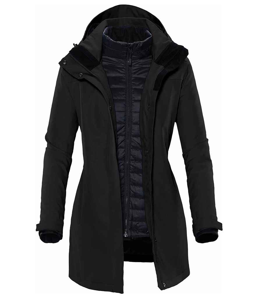 Stormtech Ladies Avalanche System 3-in-1 Jacket in Black by Stormtech — Custom branded clothing by Print Press, featuring premium embroidery produced in our specialist print lab in the UK.