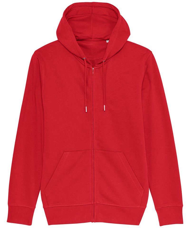 Unisex Connector Essential Zip-Thru Hoodie Sweatshirt (Stsu820) in Red by StanleyStella — Custom branded clothing by Print Press, featuring premium embroidery produced in our specialist print lab in the UK.