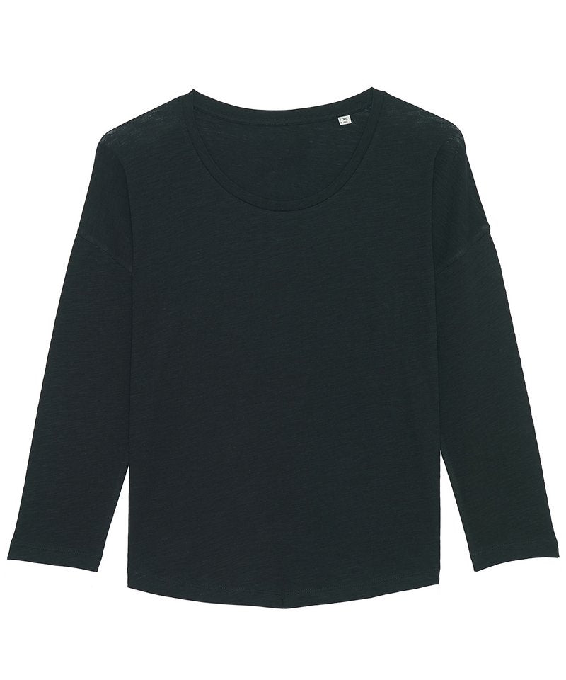 Women's Stella Waver Slub Women's ¾ Sleeve Dropped Shoulder T-Shirt (Sttw114) in Black by StanleyStella — Custom branded clothing by Print Press, featuring premium embroidery produced in our specialist print lab in the UK.