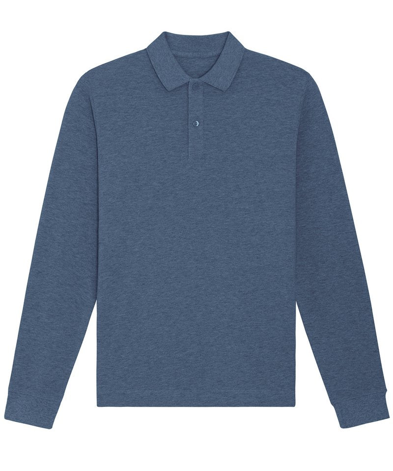 Prepster Long Sleeve Unisex Polo (Stpu332) in Dark Heather Blue by StanleyStella — Custom branded clothing by Print Press, featuring premium embroidery produced in our specialist print lab in the UK.
