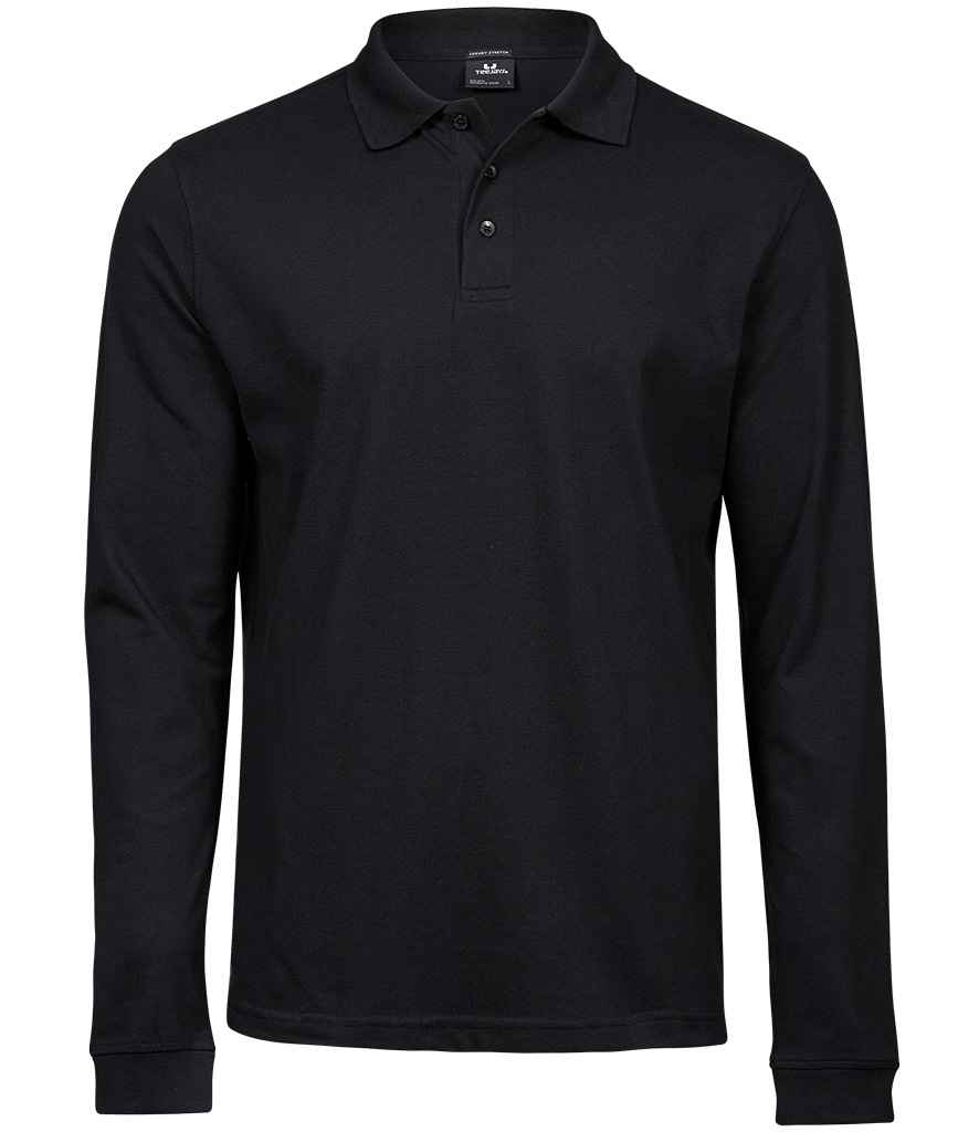 Tee Jays Luxury Stretch Long Sleeve Polo Shirt in Black by Tee Jays — Custom branded clothing by Print Press, featuring premium embroidery produced in our specialist print lab in the UK.