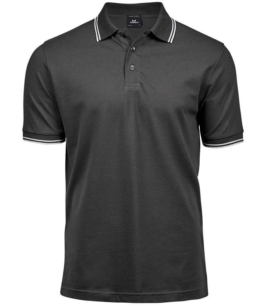 Tee Jays Luxury Stretch Tipped Polo Shirt in Dark Grey White by Tee Jays — Custom branded clothing by Print Press, featuring premium embroidery produced in our specialist print lab in the UK.