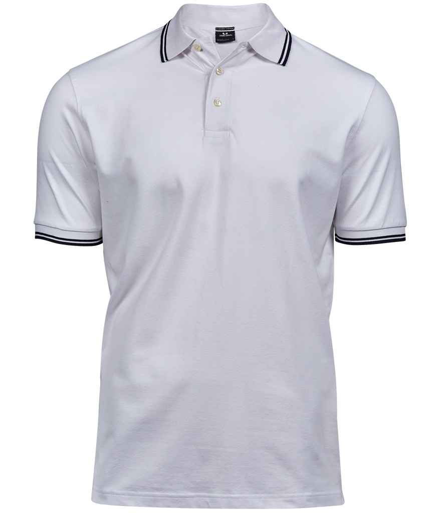 Tee Jays Luxury Stretch Tipped Polo Shirt in White Navy by Tee Jays — Custom branded clothing by Print Press, featuring premium embroidery produced in our specialist print lab in the UK.