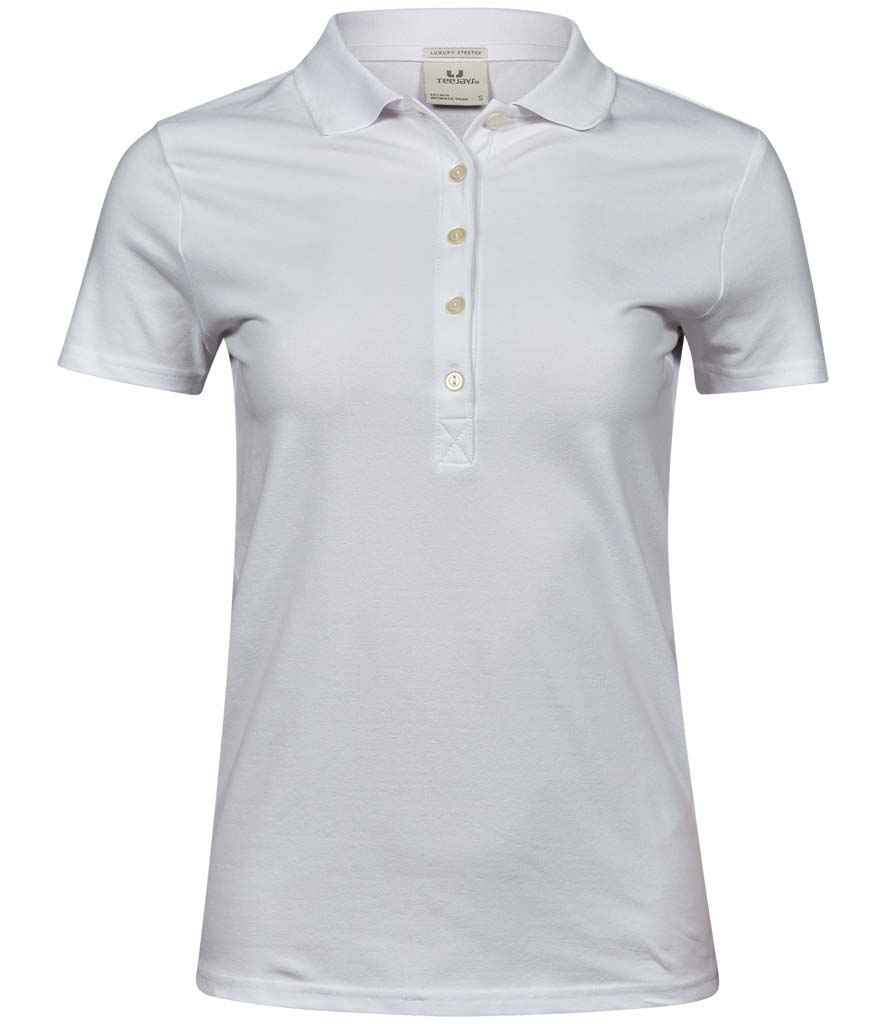 Tee Jays Ladies Luxury Stretch Polo Shirt in White by Tee Jays — Custom branded clothing by Print Press, featuring premium embroidery produced in our specialist print lab in the UK.
