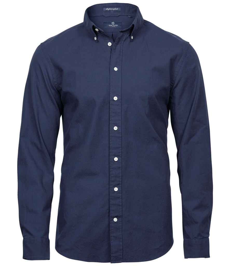Tee Jays Perfect Long Sleeve Oxford Shirt in Navy by Tee Jays — Custom branded clothing by Print Press, featuring premium embroidery produced in our specialist print lab in the UK.
