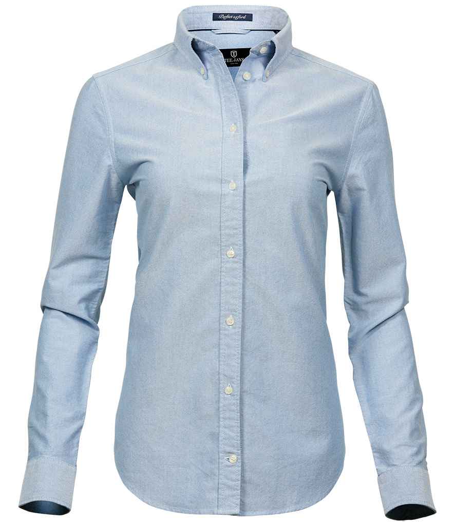 Tee Jays Ladies Perfect Long Sleeve Oxford Shirt in Light Blue by Tee Jays — Custom branded clothing by Print Press, featuring premium embroidery produced in our specialist print lab in the UK.
