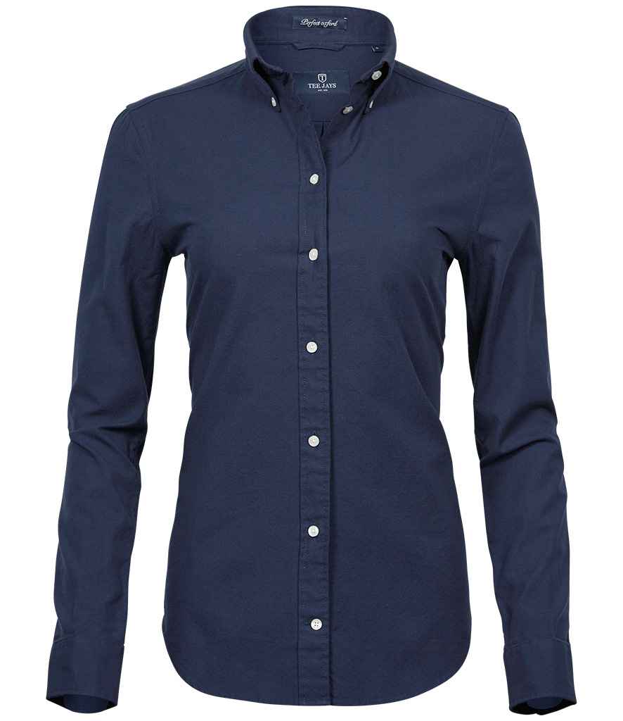 Tee Jays Ladies Perfect Long Sleeve Oxford Shirt in Navy by Tee Jays — Custom branded clothing by Print Press, featuring premium embroidery produced in our specialist print lab in the UK.