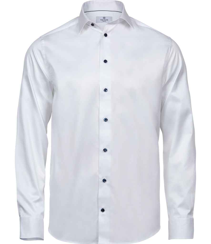 Tee Jays Luxury Comfort Fit Long Sleeve Oxford Shirt in White Blue by Tee Jays — Custom branded clothing by Print Press, featuring premium embroidery produced in our specialist print lab in the UK.