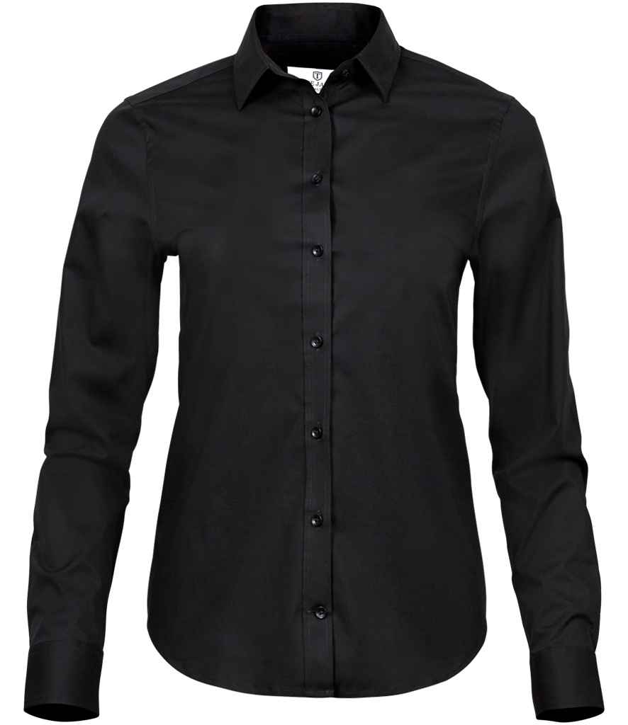 Tee Jays Ladies Stretch Luxury Long Sleeve Poplin Shirt in Black by Tee Jays — Custom branded clothing by Print Press, featuring premium embroidery produced in our specialist print lab in the UK.