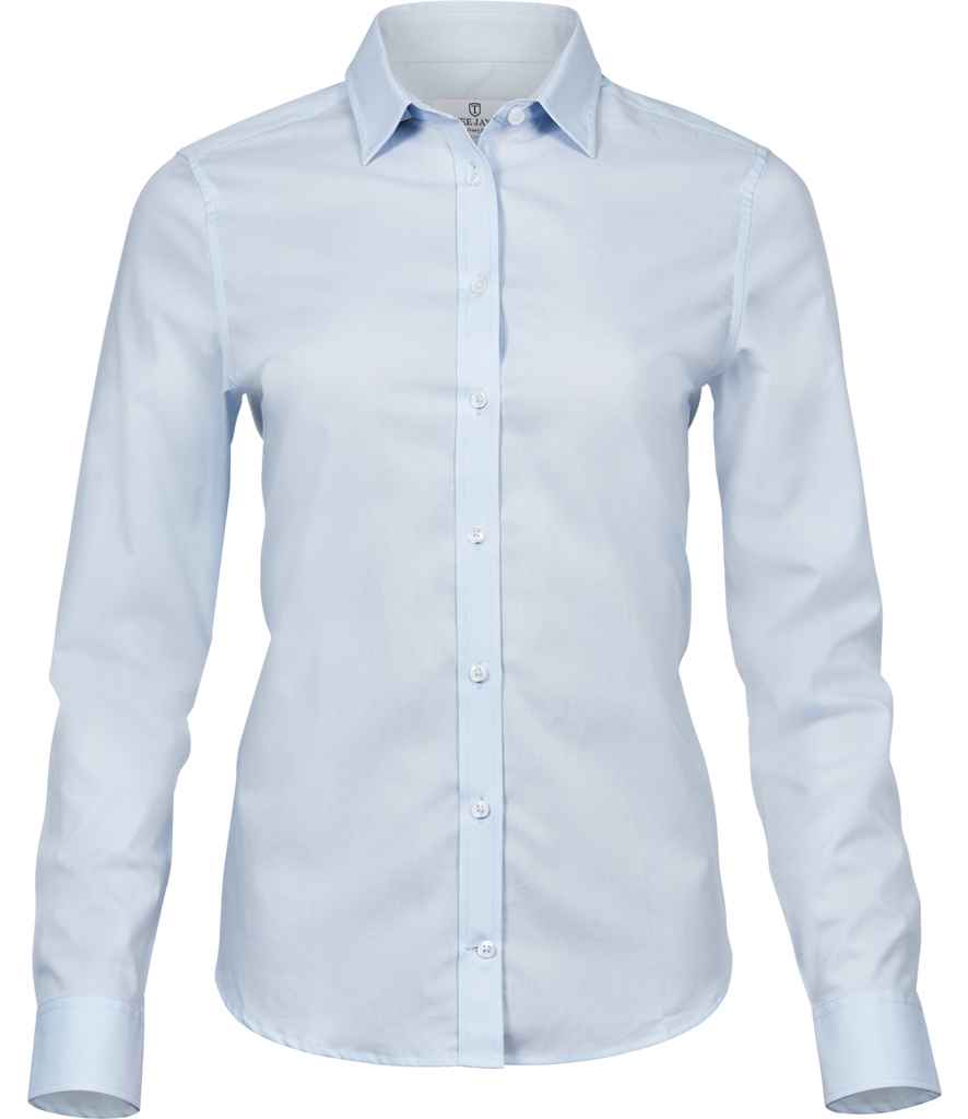 Tee Jays Ladies Stretch Luxury Long Sleeve Poplin Shirt in Light Blue by Tee Jays — Custom branded clothing by Print Press, featuring premium embroidery produced in our specialist print lab in the UK.