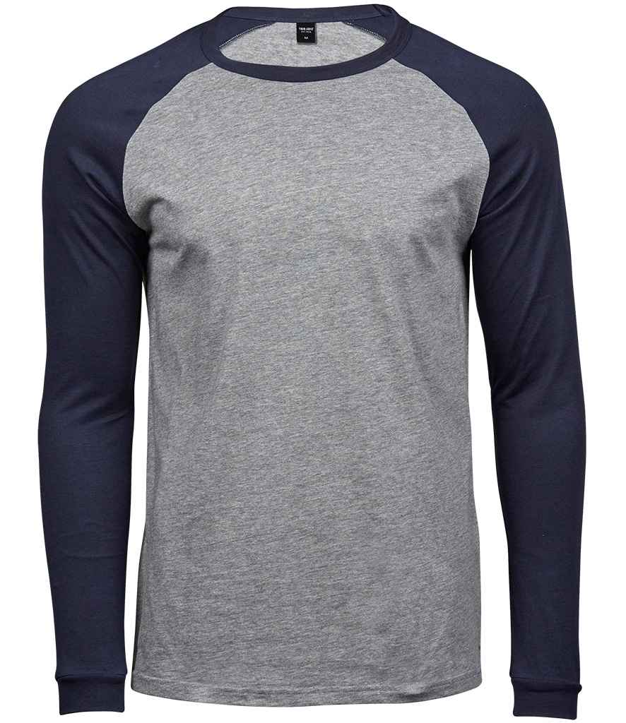 Tee Jays Long Sleeve Baseball T-Shirt in Heather Grey Navy by Tee Jays — Custom branded clothing by Print Press, featuring premium embroidery produced in our specialist print lab in the UK.