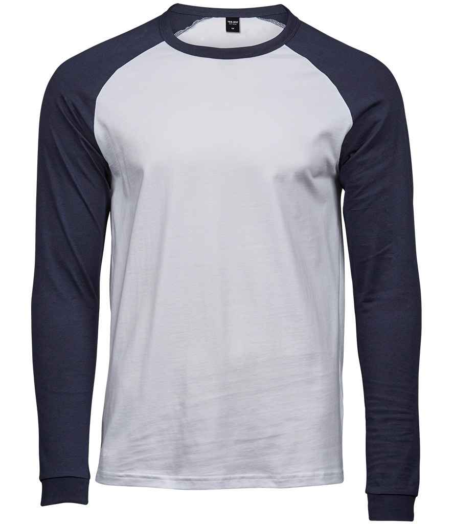 Tee Jays Long Sleeve Baseball T-Shirt in White Navy by Tee Jays — Custom branded clothing by Print Press, featuring premium embroidery produced in our specialist print lab in the UK.