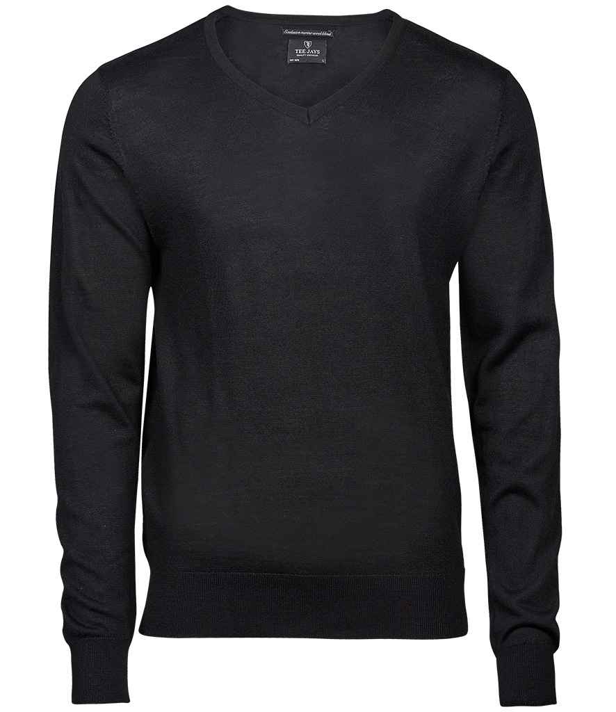 Tee Jays Merino Blend V Neck Sweater in Black by Tee Jays — Custom branded clothing by Print Press, featuring premium embroidery produced in our specialist print lab in the UK.