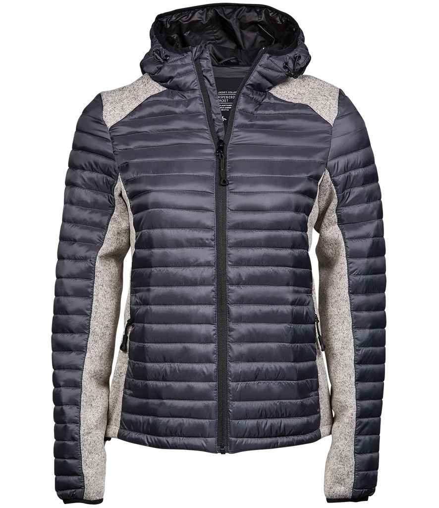 Tee Jays Ladies Crossover Hooded Padded Outdoor Jacket in Space Grey Grey Melange by Tee Jays — Custom branded clothing by Print Press, featuring premium embroidery produced in our specialist print lab in the UK.