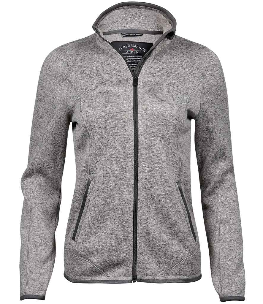 Tee Jays Ladies Knitted Outdoor Fleece Jacket in Grey Melange by Tee Jays — Custom branded clothing by Print Press, featuring premium embroidery produced in our specialist print lab in the UK.