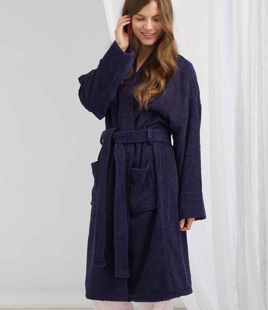 Towel City Kimono Towelling Robe in Navy by Towel City — Custom branded clothing by Print Press, featuring premium embroidery produced in our specialist print lab in the UK.