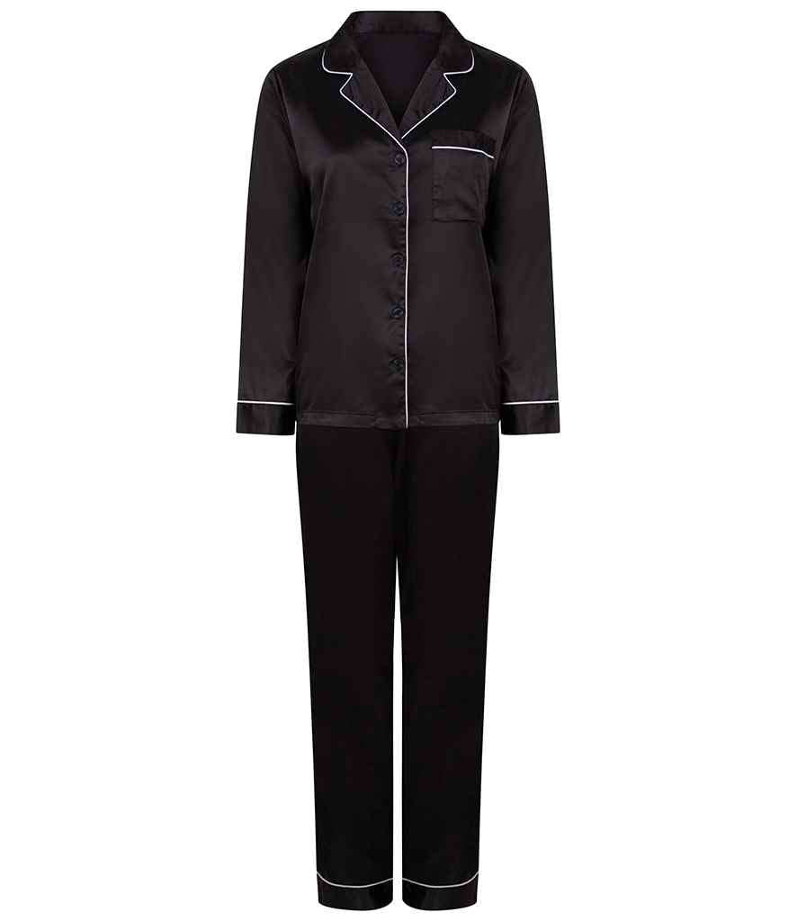 Towel City Ladies Satin Long PJ's in Black by Towel City — Custom branded clothing by Print Press, featuring premium embroidery produced in our specialist print lab in the UK.