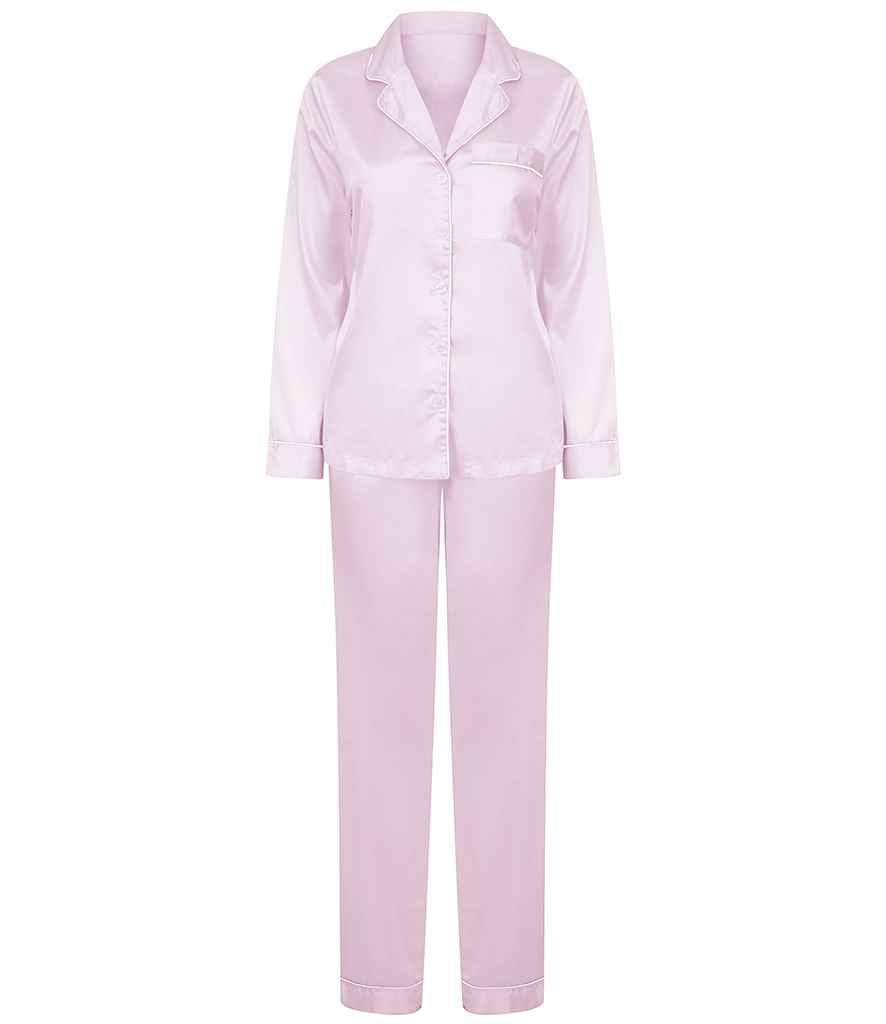 Towel City Ladies Satin Long PJ's in Light Pink by Towel City — Custom branded clothing by Print Press, featuring premium embroidery produced in our specialist print lab in the UK.