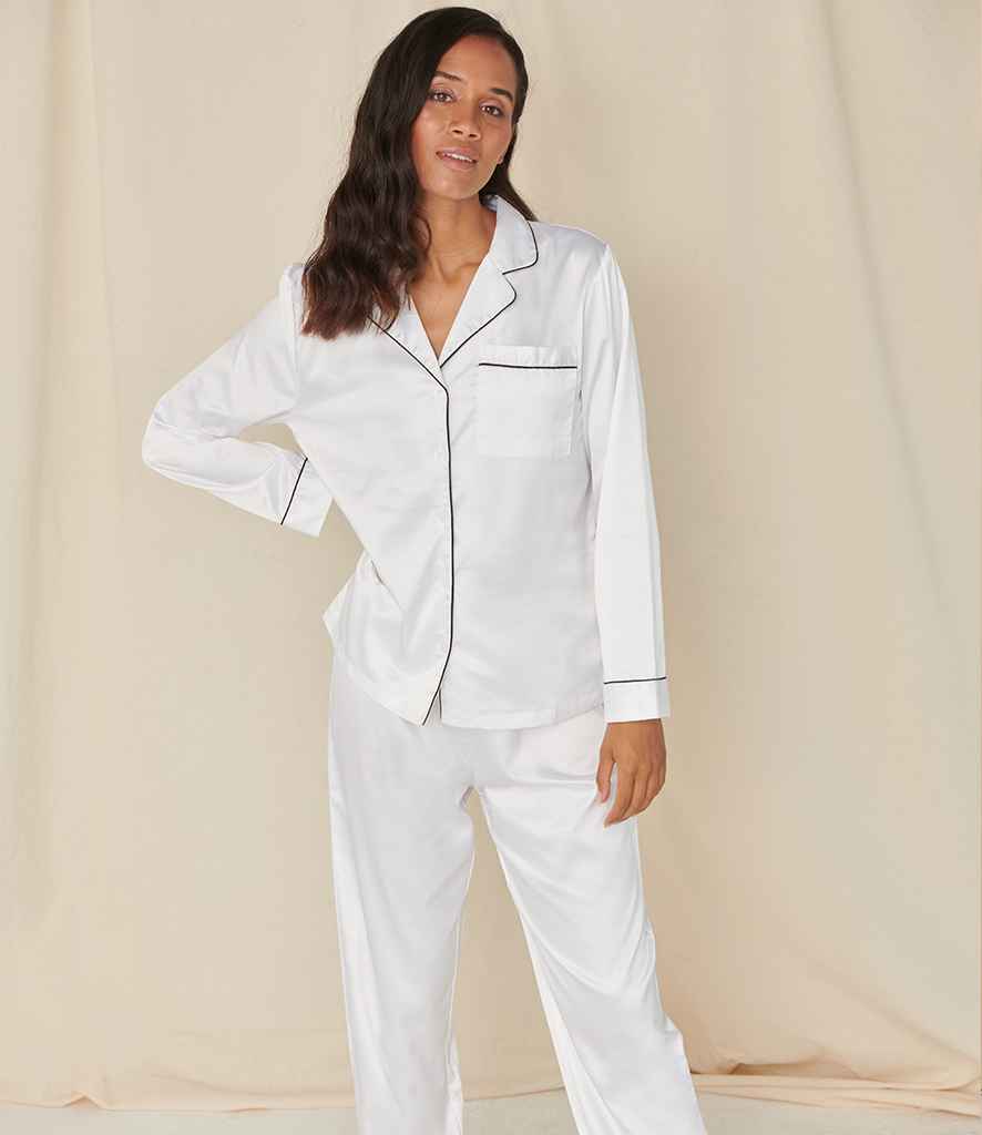 Towel City Ladies Satin Long PJ's in White by Towel City — Custom branded clothing by Print Press, featuring premium embroidery produced in our specialist print lab in the UK.