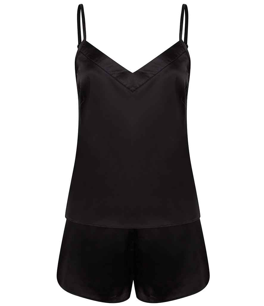 Towel City Ladies Satin Cami Short PJ's in Black by Towel City — Custom branded clothing by Print Press, featuring premium embroidery produced in our specialist print lab in the UK.