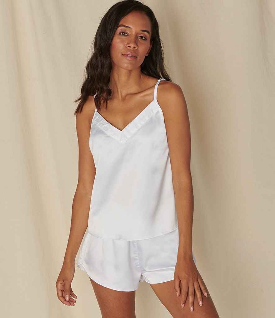 Towel City Ladies Satin Cami Short PJ's in White by Towel City — Custom branded clothing by Print Press, featuring premium embroidery produced in our specialist print lab in the UK.