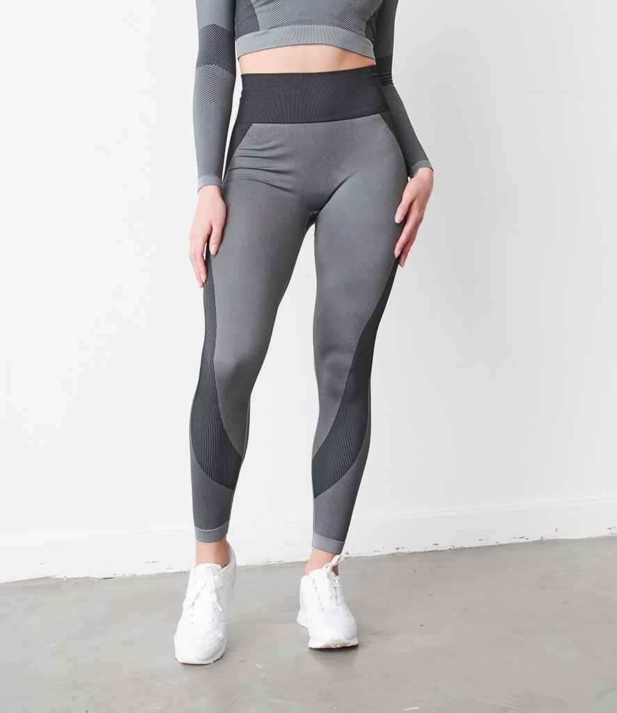 Tombo Ladies Seamless Panelled Leggings in Light Grey Black by Tombo — Custom branded clothing by Print Press, featuring premium embroidery produced in our specialist print lab in the UK.