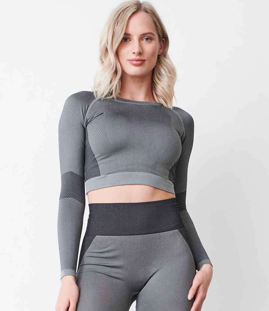 Tombo Ladies Seamless Panelled Long Sleeve Crop Top in Light Grey Black by Tombo — Custom branded clothing by Print Press, featuring premium embroidery produced in our specialist print lab in the UK.
