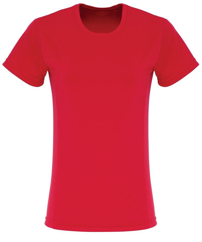 Women's Tridri Embossed Panel T-Shirt in Fire Red by TriDri — Custom branded clothing by Print Press, featuring premium embroidery produced in our specialist print lab in the UK.
