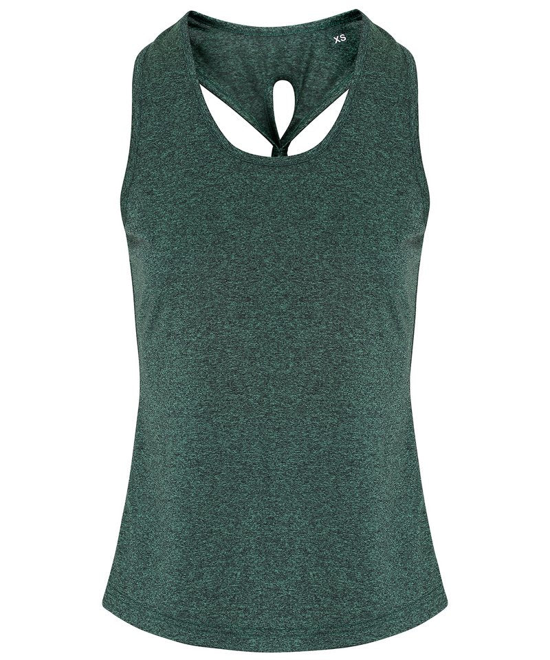 Women's Tridri Yoga Knot Vest in Forest Green Black Melange by TriDri — Custom branded clothing by Print Press, featuring premium embroidery produced in our specialist print lab in the UK.