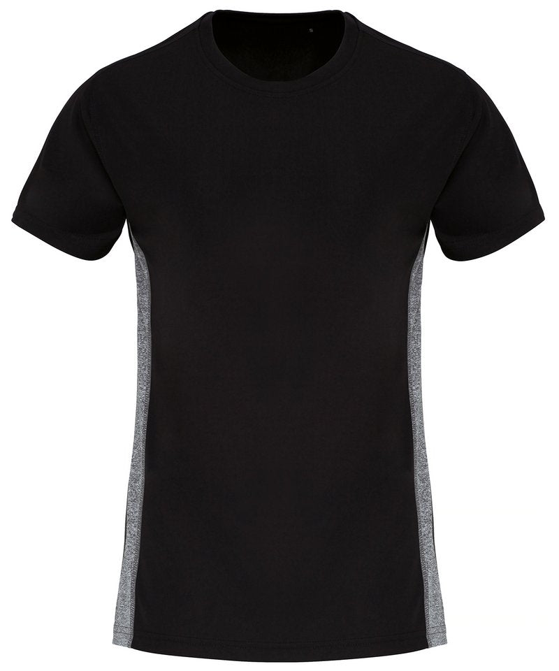 Women's Tridri Contrast Panel Performance T-Shirt in Black Black Melange by TriDri — Custom branded clothing by Print Press, featuring premium embroidery produced in our specialist print lab in the UK.