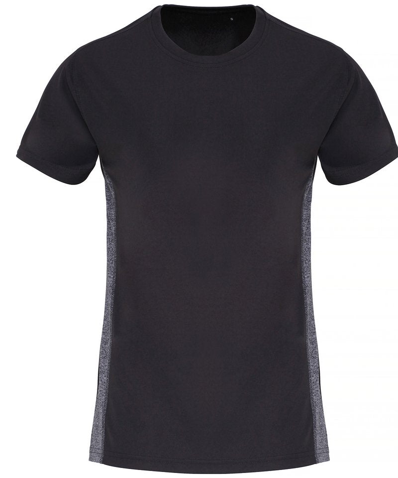 Women's Tridri Contrast Panel Performance T-Shirt in Charcoal Black Melange by TriDri — Custom branded clothing by Print Press, featuring premium embroidery produced in our specialist print lab in the UK.