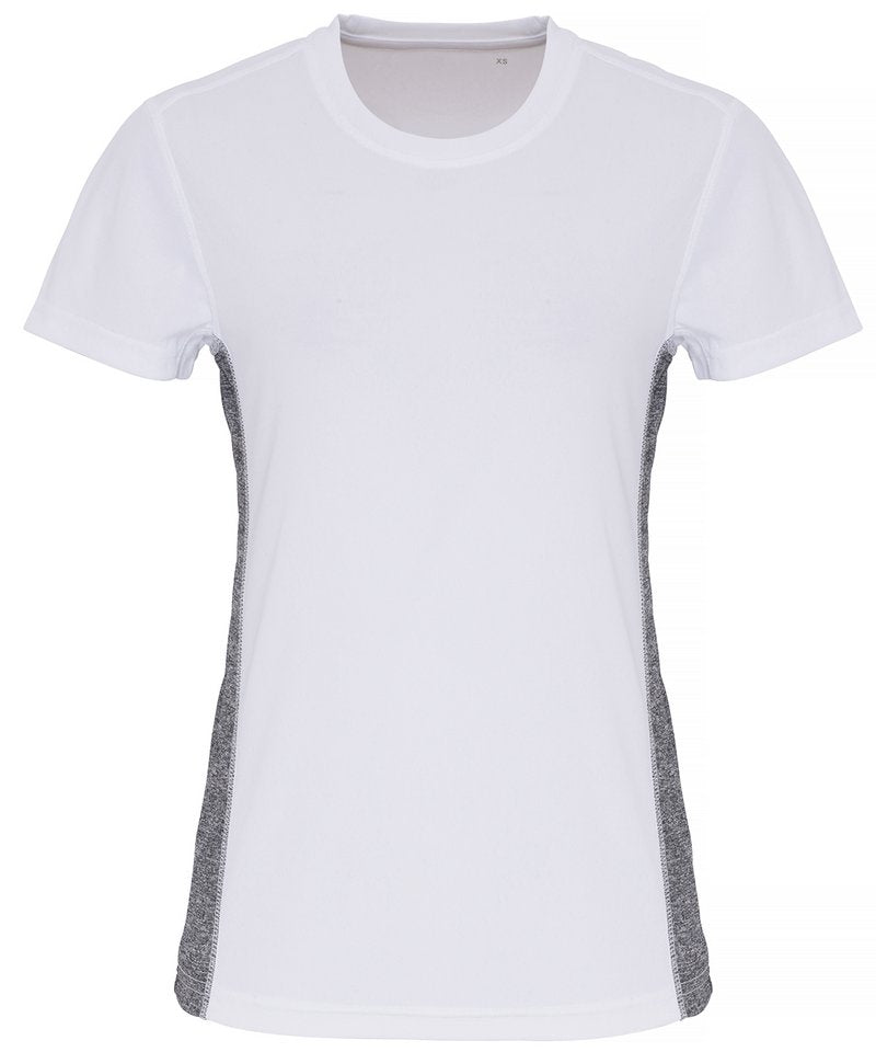 Women's Tridri Contrast Panel Performance T-Shirt in White Black Melange by TriDri — Custom branded clothing by Print Press, featuring premium embroidery produced in our specialist print lab in the UK.
