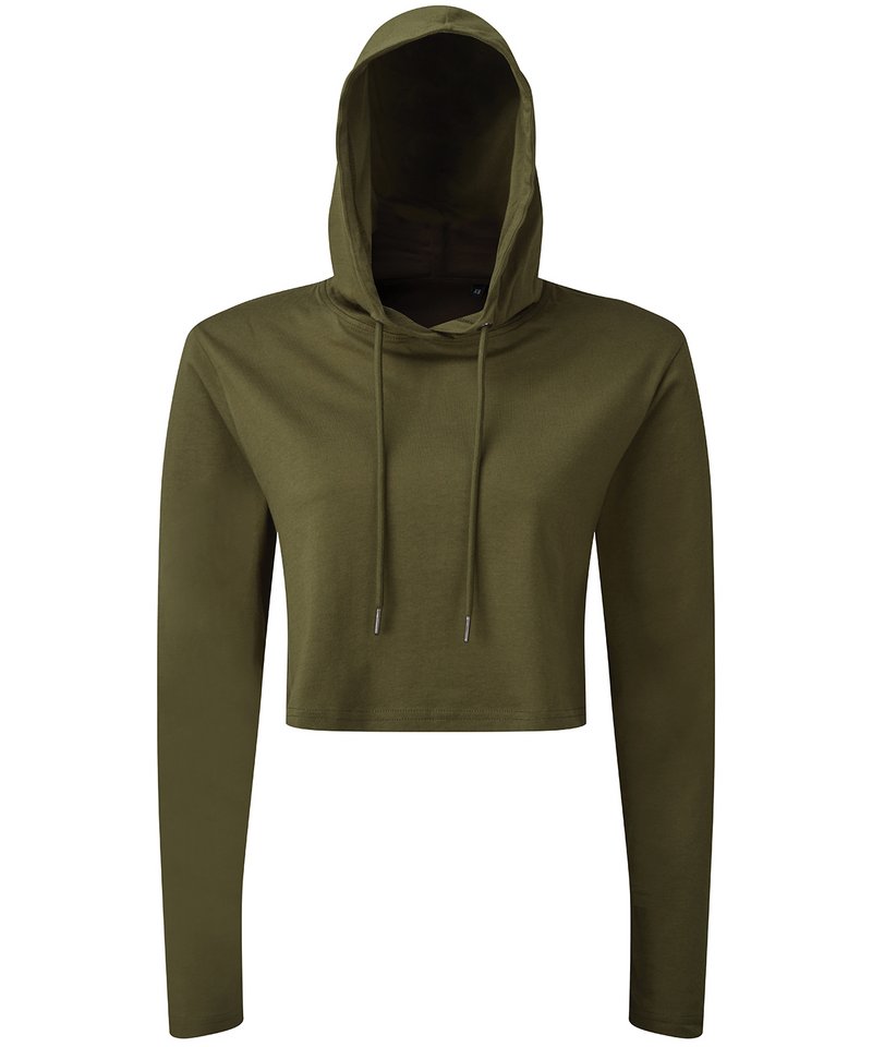 Women's Tridri Cropped Hooded Long Sleeve T-Shirt in Olive by TriDri — Custom branded clothing by Print Press, featuring premium embroidery produced in our specialist print lab in the UK.