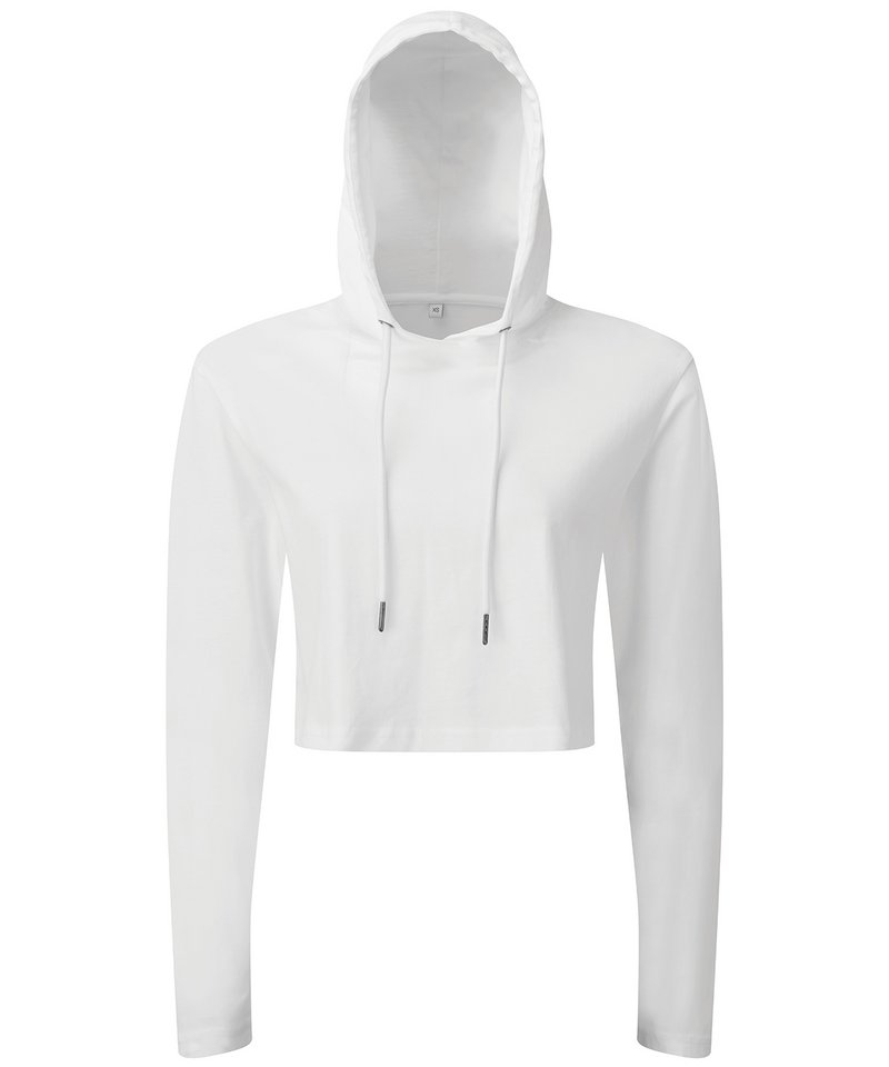 Women's Tridri Cropped Hooded Long Sleeve T-Shirt in White by TriDri — Custom branded clothing by Print Press, featuring premium embroidery produced in our specialist print lab in the UK.