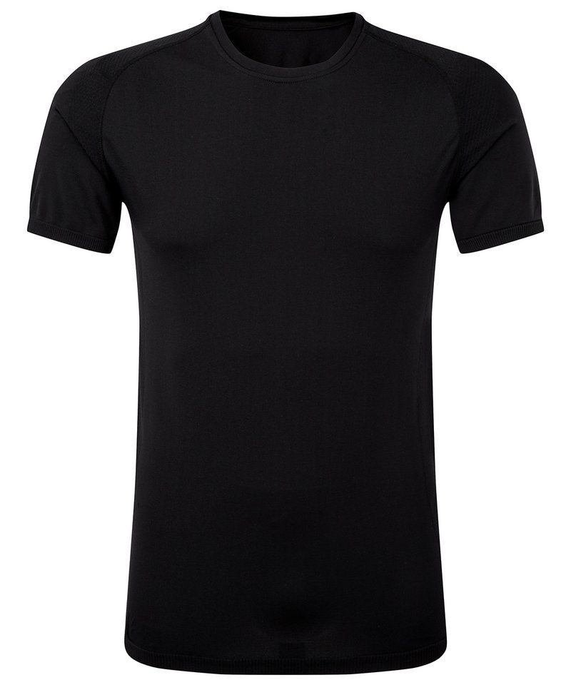 Tridri Seamless '3D Fit' Multi-Sport Performance Short Sleeve Top in Full Black by TriDri — Custom branded clothing by Print Press, featuring premium embroidery produced in our specialist print lab in the UK.