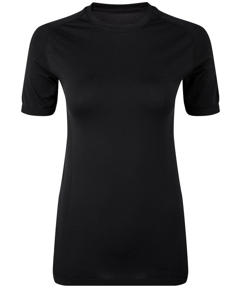 Women's Tridri Seamless '3D Fit' Multi-Sport Performance Short Sleeve Top in Full Black by TriDri — Custom branded clothing by Print Press, featuring premium embroidery produced in our specialist print lab in the UK.