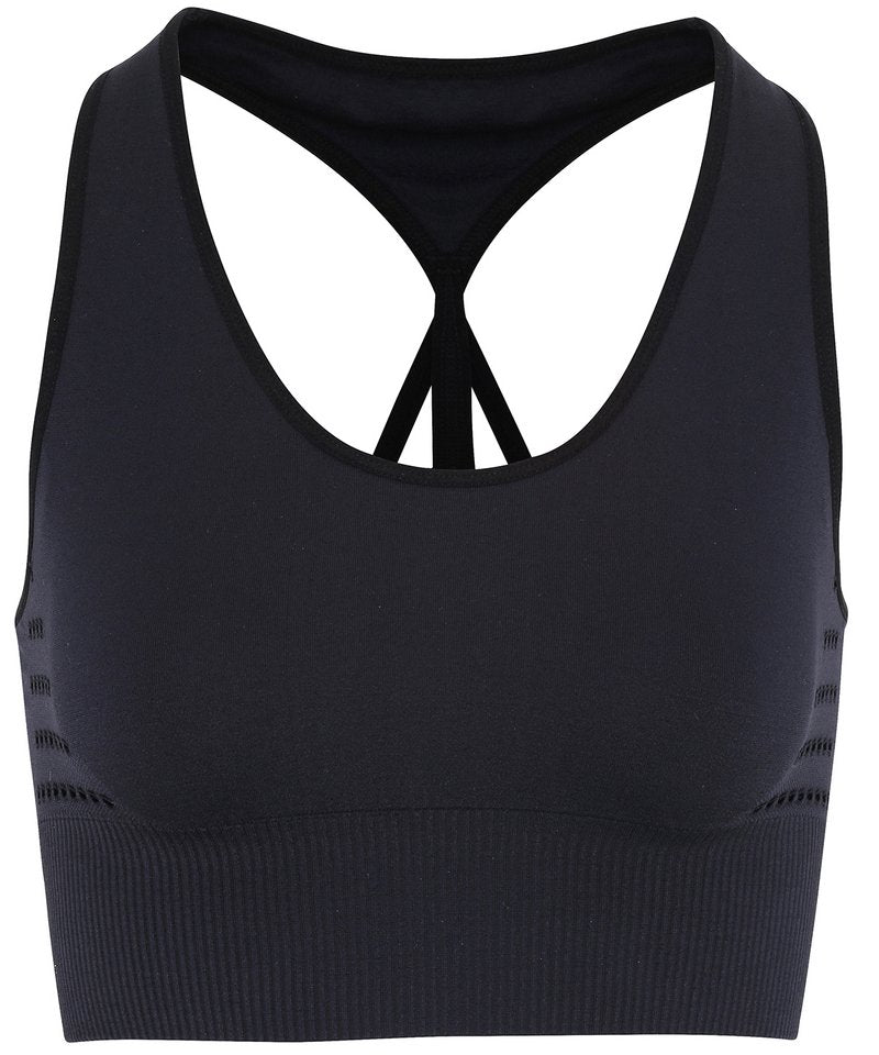 Tridri Seamless '3D Fit' Multi-Sport Reveal Sports Bra in Black by TriDri — Custom branded clothing by Print Press, featuring premium embroidery produced in our specialist print lab in the UK.