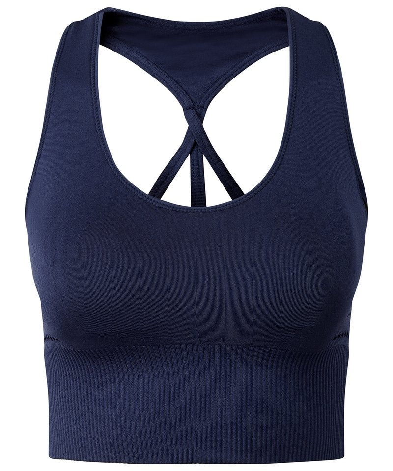 Tridri Seamless '3D Fit' Multi-Sport Reveal Sports Bra in Navy by TriDri — Custom branded clothing by Print Press, featuring premium embroidery produced in our specialist print lab in the UK.