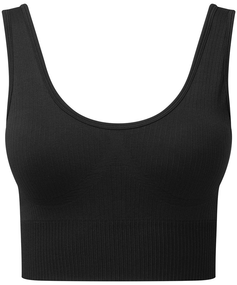 Women's Tridri Ribbed Seamless 3D Fit Multi-Sport Bra in Black by TriDri — Custom branded clothing by Print Press, featuring premium embroidery produced in our specialist print lab in the UK.