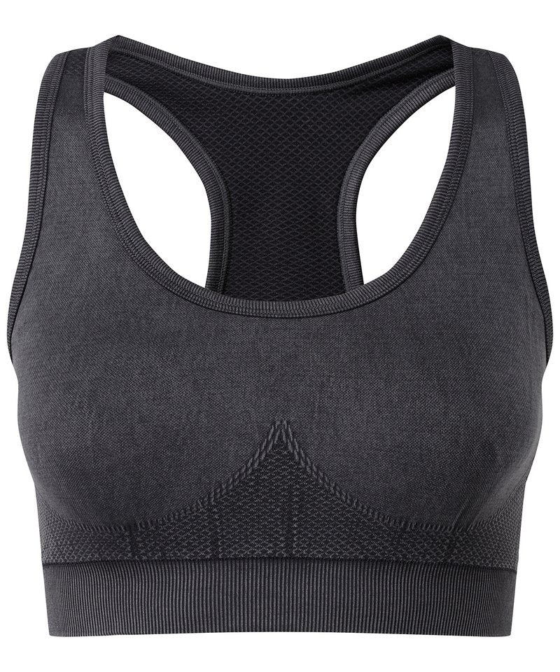Tridri Seamless '3D Fit' Multi-Sport Denim Look Bra in Black Denim by TriDri — Custom branded clothing by Print Press, featuring premium embroidery produced in our specialist print lab in the UK.