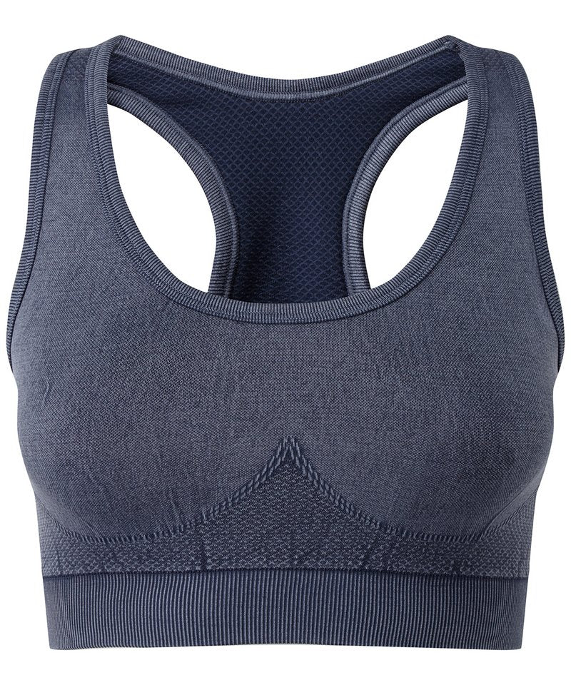 Tridri Seamless '3D Fit' Multi-Sport Denim Look Bra in Indigo Denim by TriDri — Custom branded clothing by Print Press, featuring premium embroidery produced in our specialist print lab in the UK.